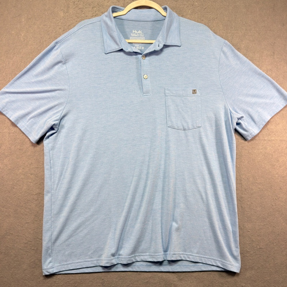 Huk Mens XL Performance Polo Shirt Light Blue‎ Heather Short Sleeve Chest Pocket